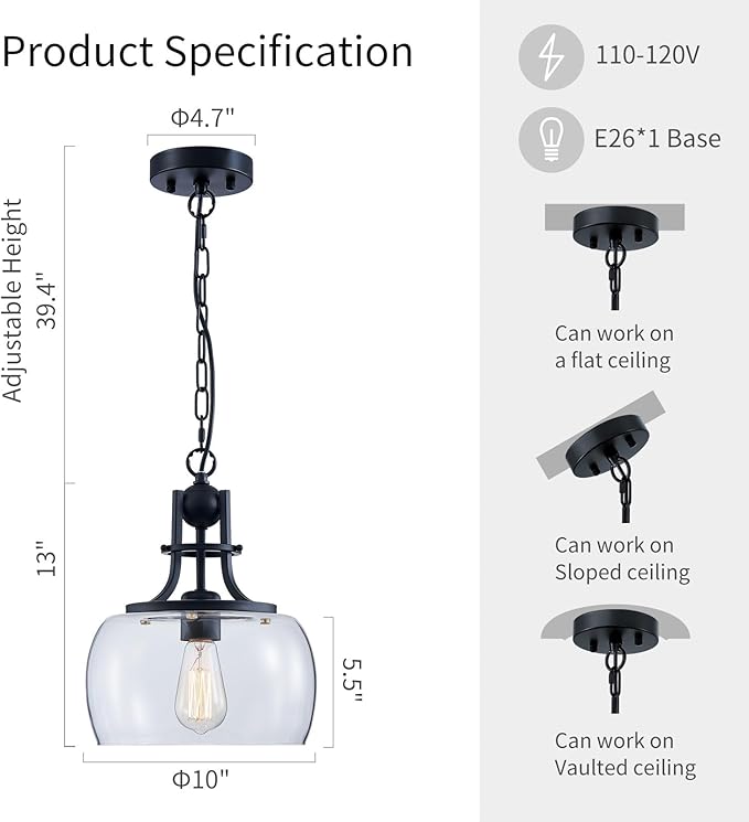 WUZUPS WUZUPS Kroonluchter rustieke boerderij industriële ronde plafond hanger LED-lamp met helder glas schaduw voor eetkamer keuken eiland foyer ingang, H 33 W25, E27 basis, zwart photo 2