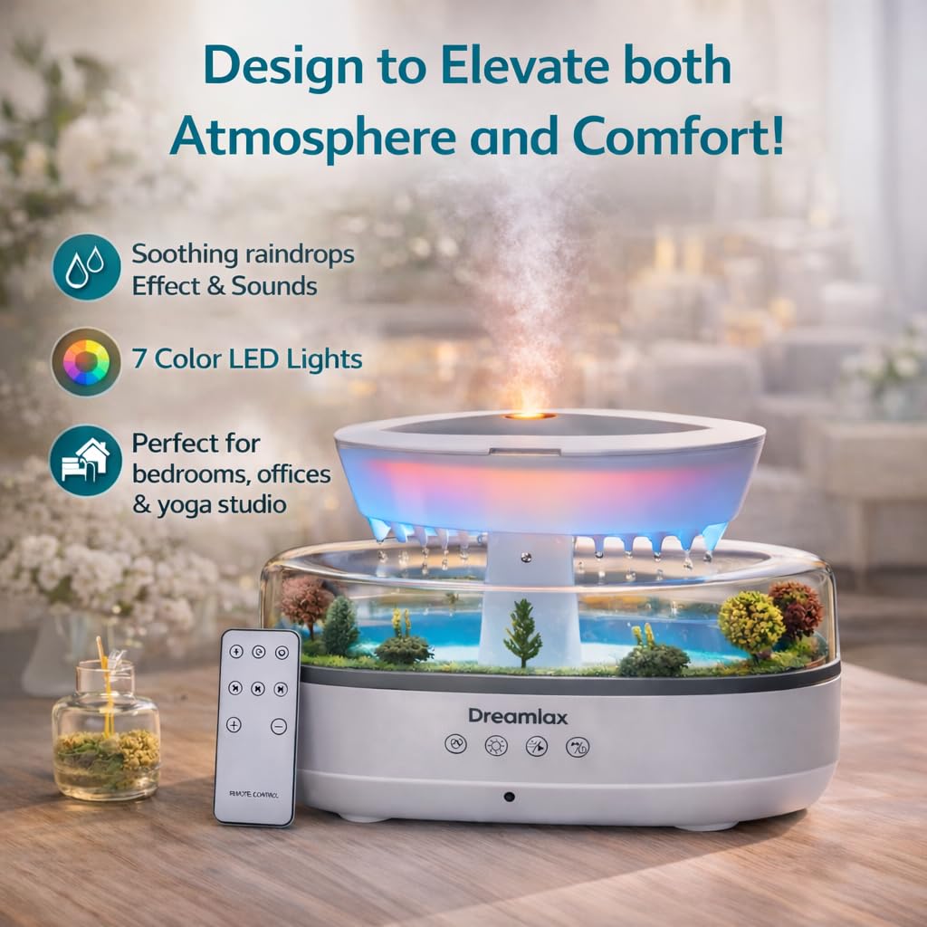 Dreamlax Humidificadores de lluvia para dormitorio, difusor de aceite esencial de niebla fría, máquina de ruido blanco con 10 sonidos naturales, 7 luces LED, control remoto y lámpara decorativa de