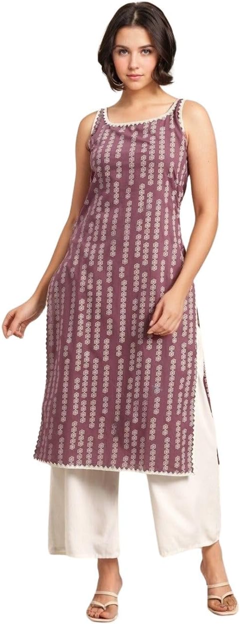 rytrasWomen's Cotton Straight Fit Straight Printed Sleeveless Kurta