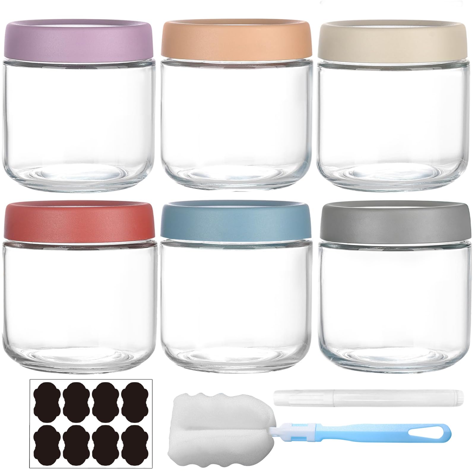 Eidoct Red, White, Blue, Grey, Beige, Purple Clear Glass Jar With Screw Lid Leakproof Overnight Oats Container 6 Pack 300Ml/10Oz Wide Mouth Mason Salad Jars Reusable Food Jars Cereal Milk Vegetable Jam Protein Porridge Clear Storage Containers