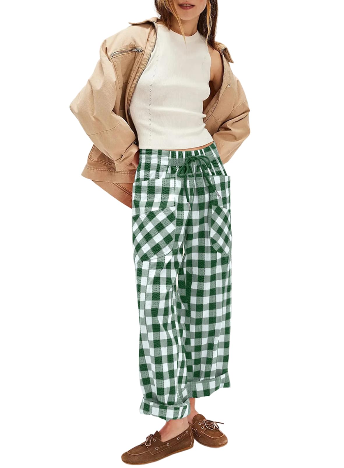 Acelitt Women Casual Loose Drawstring Elastic Waist Checkered Pants with Pockets S-XXL