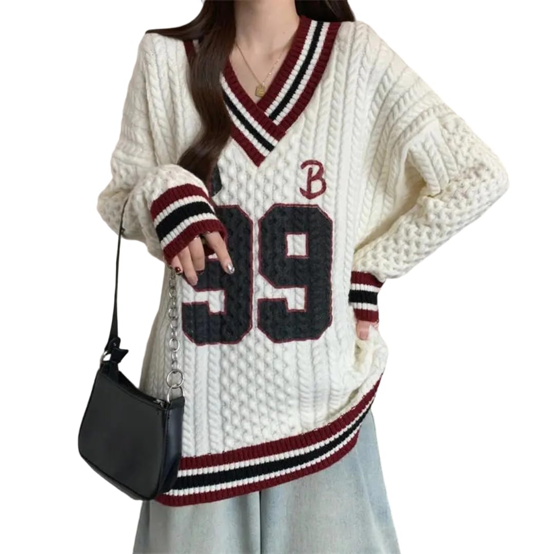 Womens Vintage Slimming Winter Embroidered Letter Thickened V-Neck Pullover Sweater