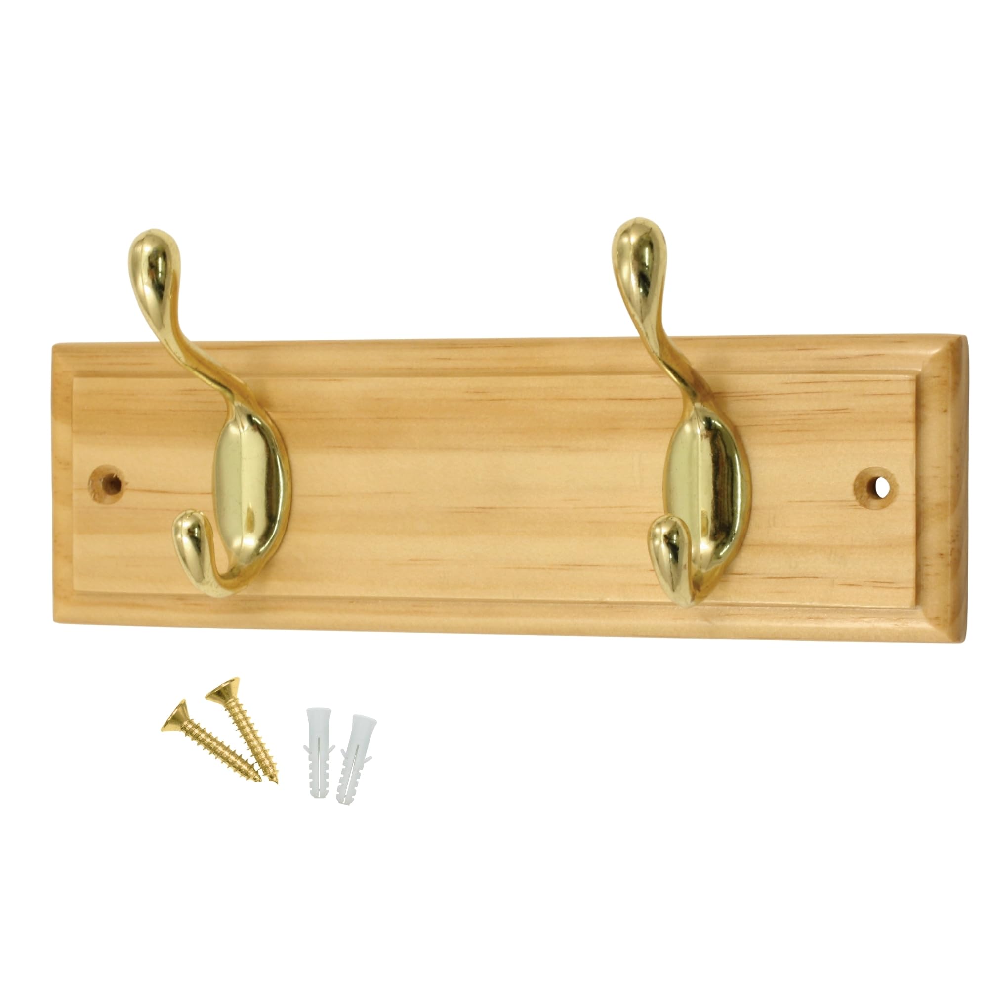 Keypak 2-Hook Wall-Mounted Coat Rack22.5CmPine Wood Effect BoardPolished Brass Coat HooksFixings Included from B&Q
