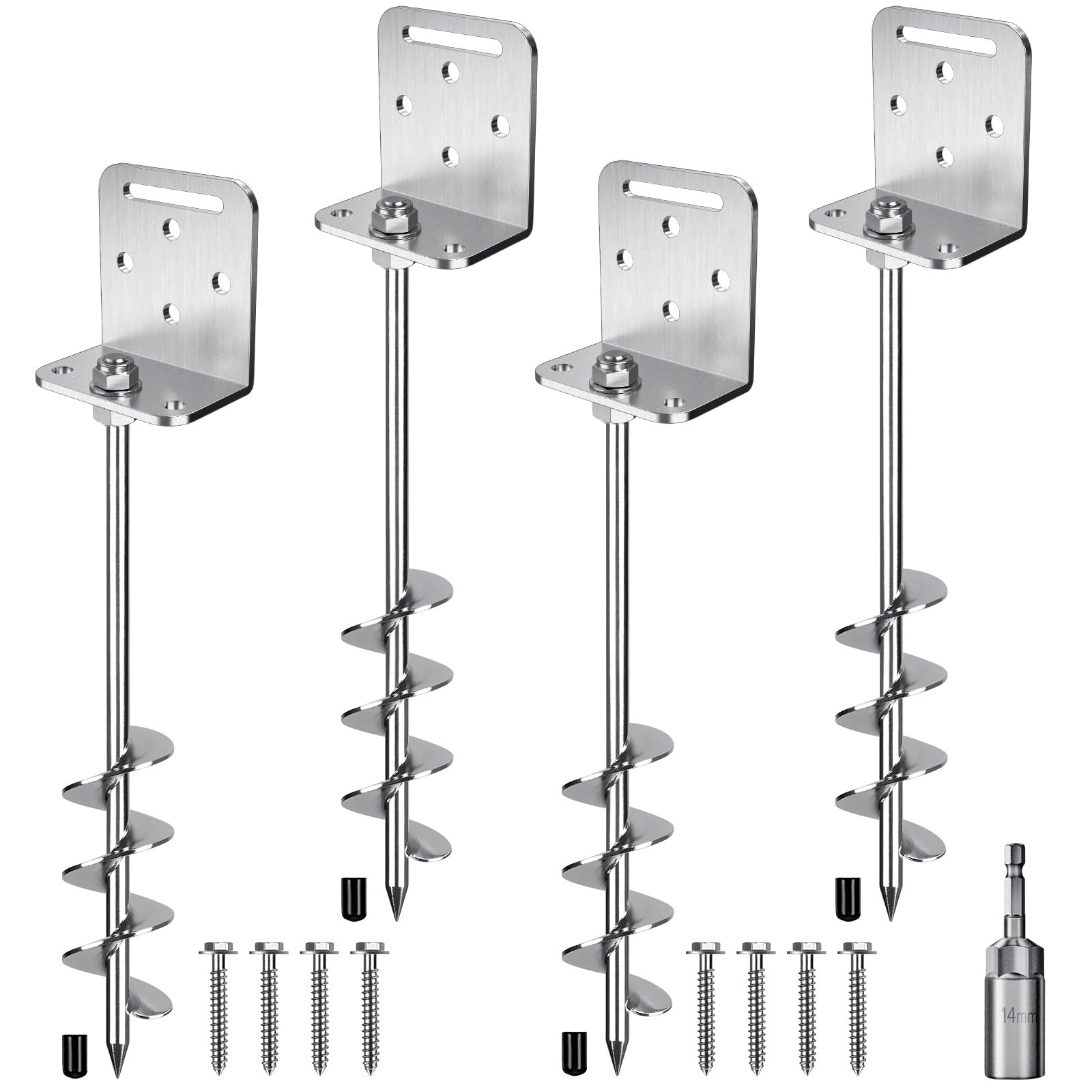 Insaga 24'' Ground Anchors Screw in Heavy Duty Earth Anchor 10mm Solid Steel with L Bracket for Trampoline Mobile Home Swing Set Shed Carport Tent Stakes, 2" Helix Blade & Chrome Plated Finish, 4Pcs