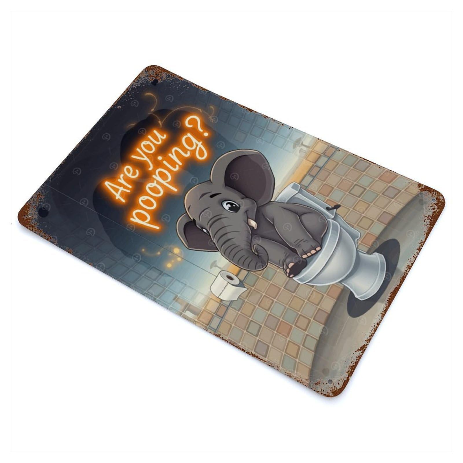 Rust Effect Funny Elephant on Toilet Aged Metal Wall Plaque 11.8"x7.9", Farmhouse Wall Decor for Office, Studio And Wall Decor