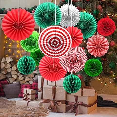 Paper Christmas Decorations, Christmas Tissue Paper Hanging Paper Fans Honeycomb Balls Pom Poms Flower Christmas Ceiling Decorations Hanging Decoration for Xmas Winter Home Ceiling Wall Decor Cover