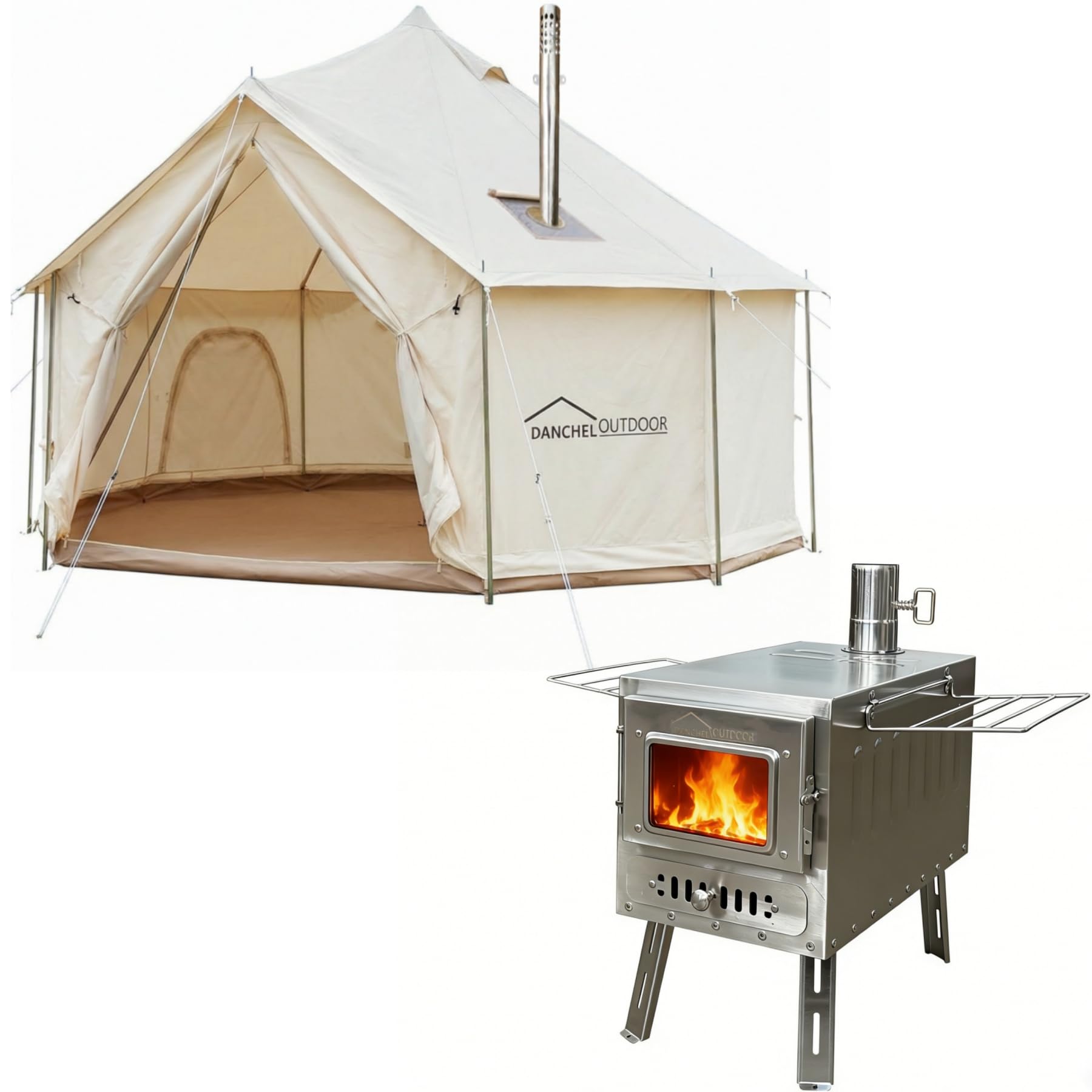 DANCHEL OUTDOOR B6 4 Season Glamping Wall Tent w Large Wood Stove Camping No Center Pole Higher Side