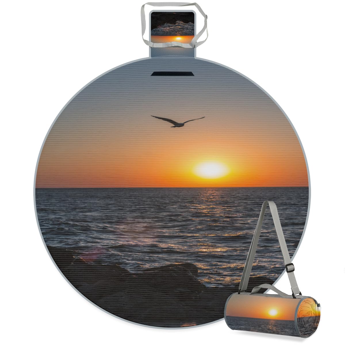 Shimoshe Ocean Seagulls Sunset Beach Picnic Outdoor Blanket Foldable Waterproof Sandproof Beach Blanket Portable Water-Resistant Round Picnic Mat for Travel Camping Park Lawn