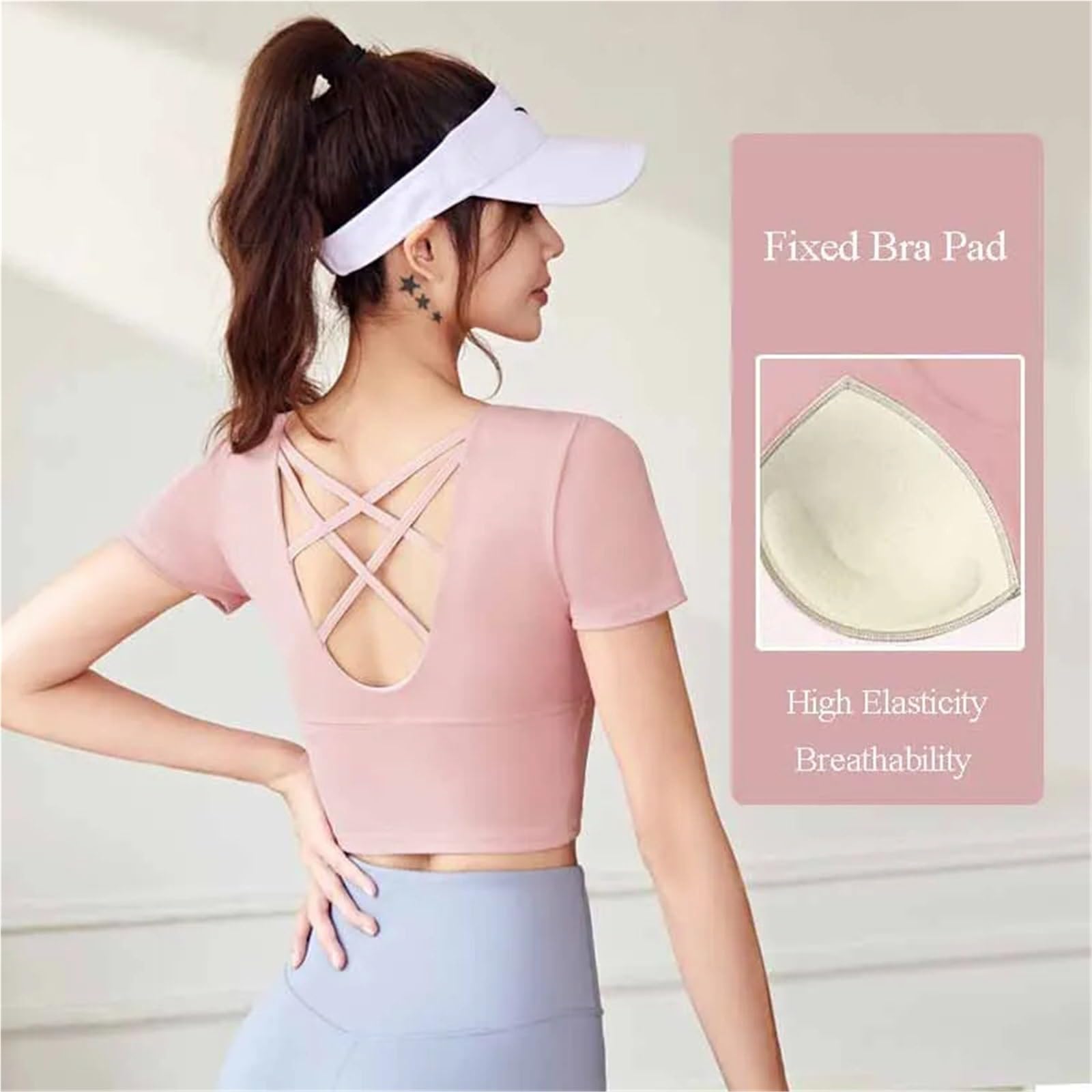 T-Shirts Et Tops De Sport Femme Chemises de Sport à Dos croisé for Femmes, col Rond, Manches Courtes, Hauts de Yoga, Fitness, vêtements d'entraînement, Dos Nu, Slim Fit(Green,M)