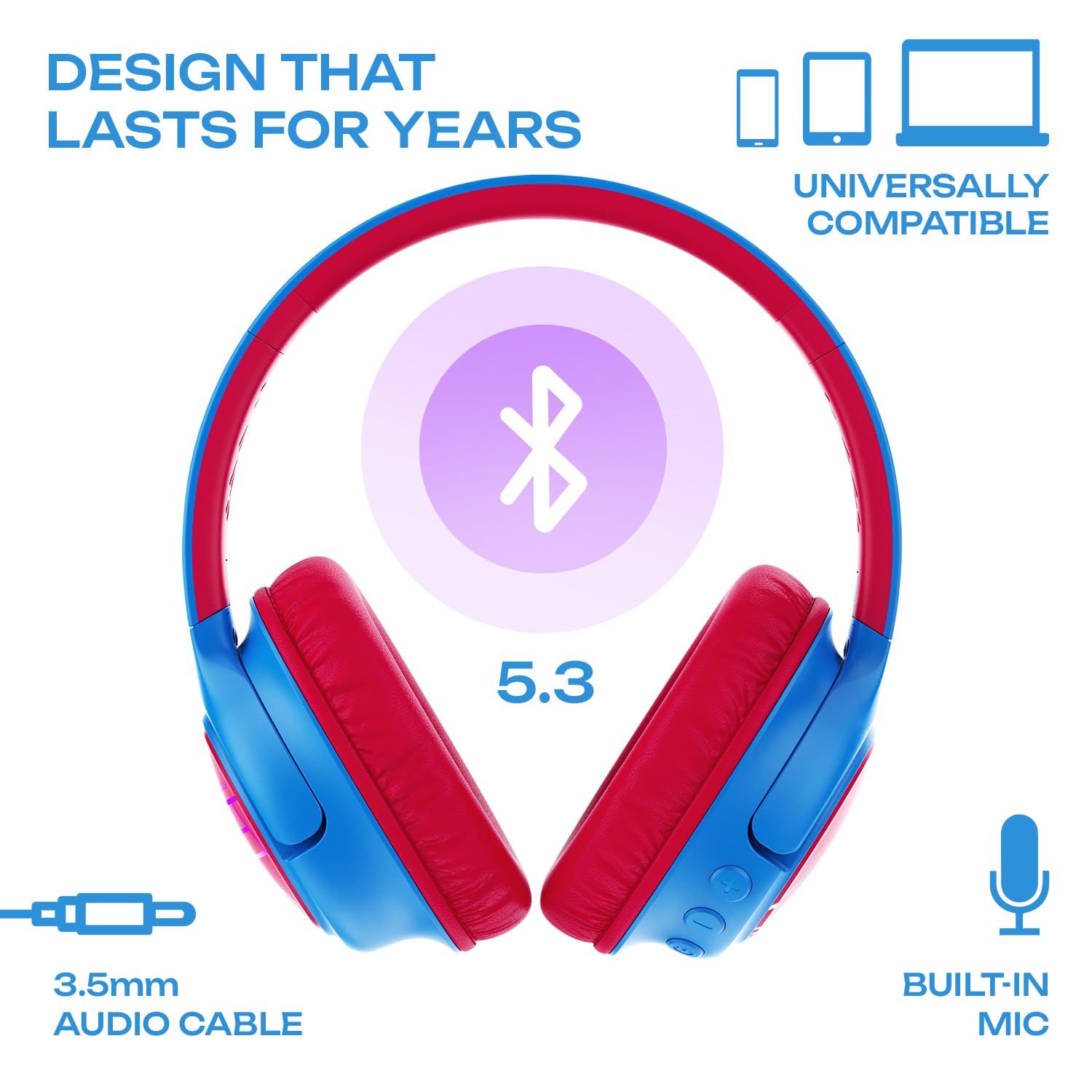 PowerLocus Bobo Bluetooth Kopfhörer Kinder, Kinderkopfhörer Over Ear mit 74/85/94dB Lautstärkebegrenzung, LED-Leuchten, Kabellos & Aux-Kabel Faltbare Kopfhörer mit Mikrofon für Handy/Tablet/Reisen