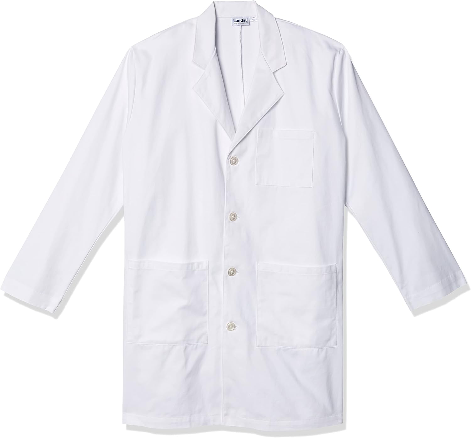 Landau Essentials Relaxed Fit 5-Pkt 4-Button Full-Length Lab Coat for Men 3124 White 8 Oz 100% Cotton Twill 44