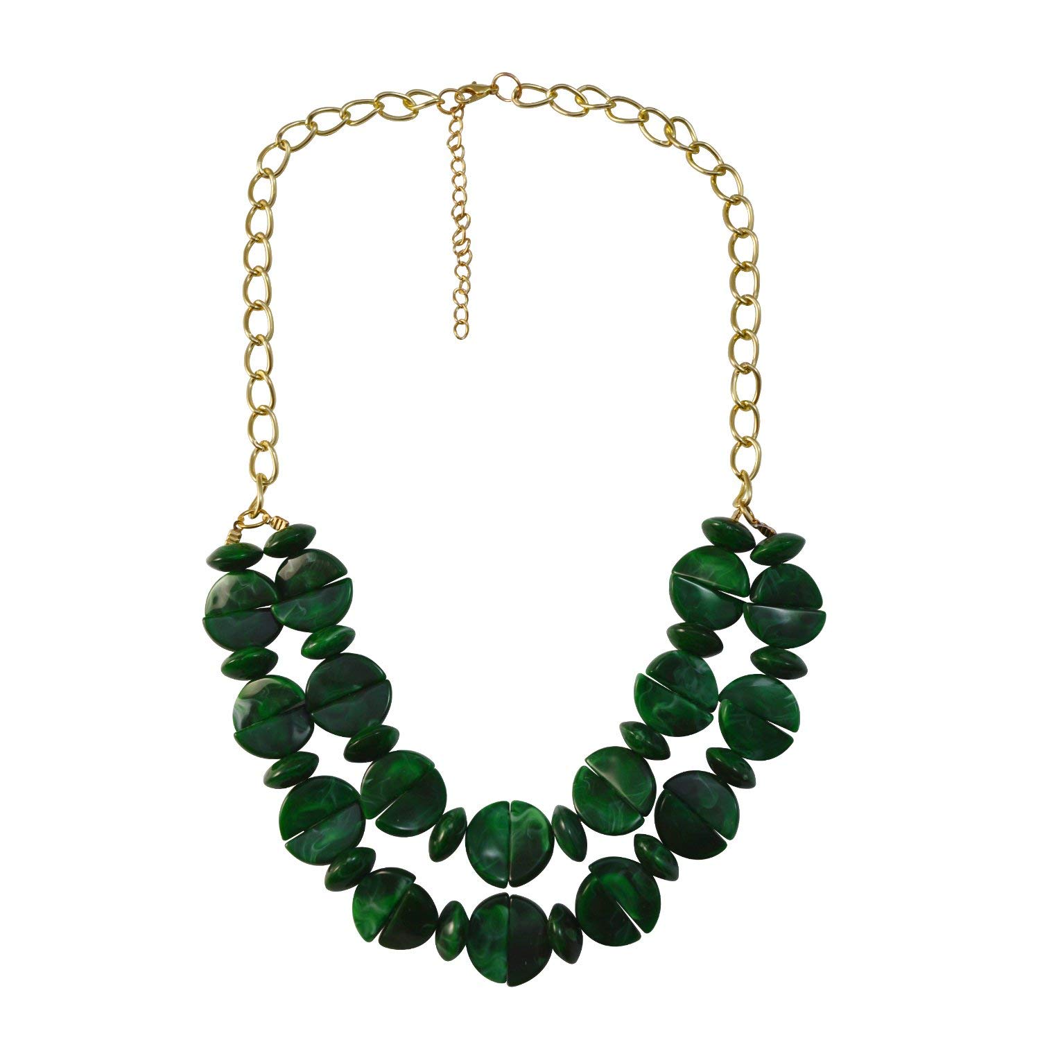 2 Layer Chunky Statement Beaded Fashion Necklace for Girls and Women, Dark-green