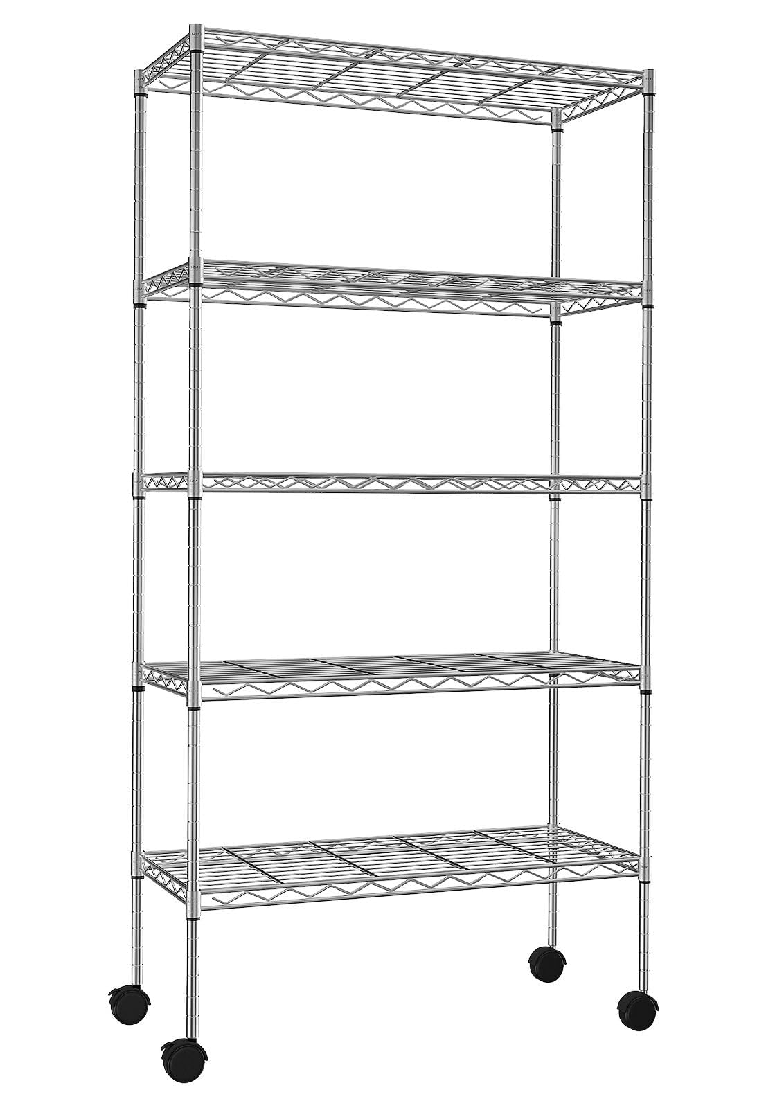 5-Tier Wire Shelves 61" H x 30" x 14" Metal Storage Shelves Adjustable Wire Shelving Rack with Wheels & Leveling Feet NSF Metal Shelf Unit for Kitchen Pantry, 1200Lb Capacity, Chrome