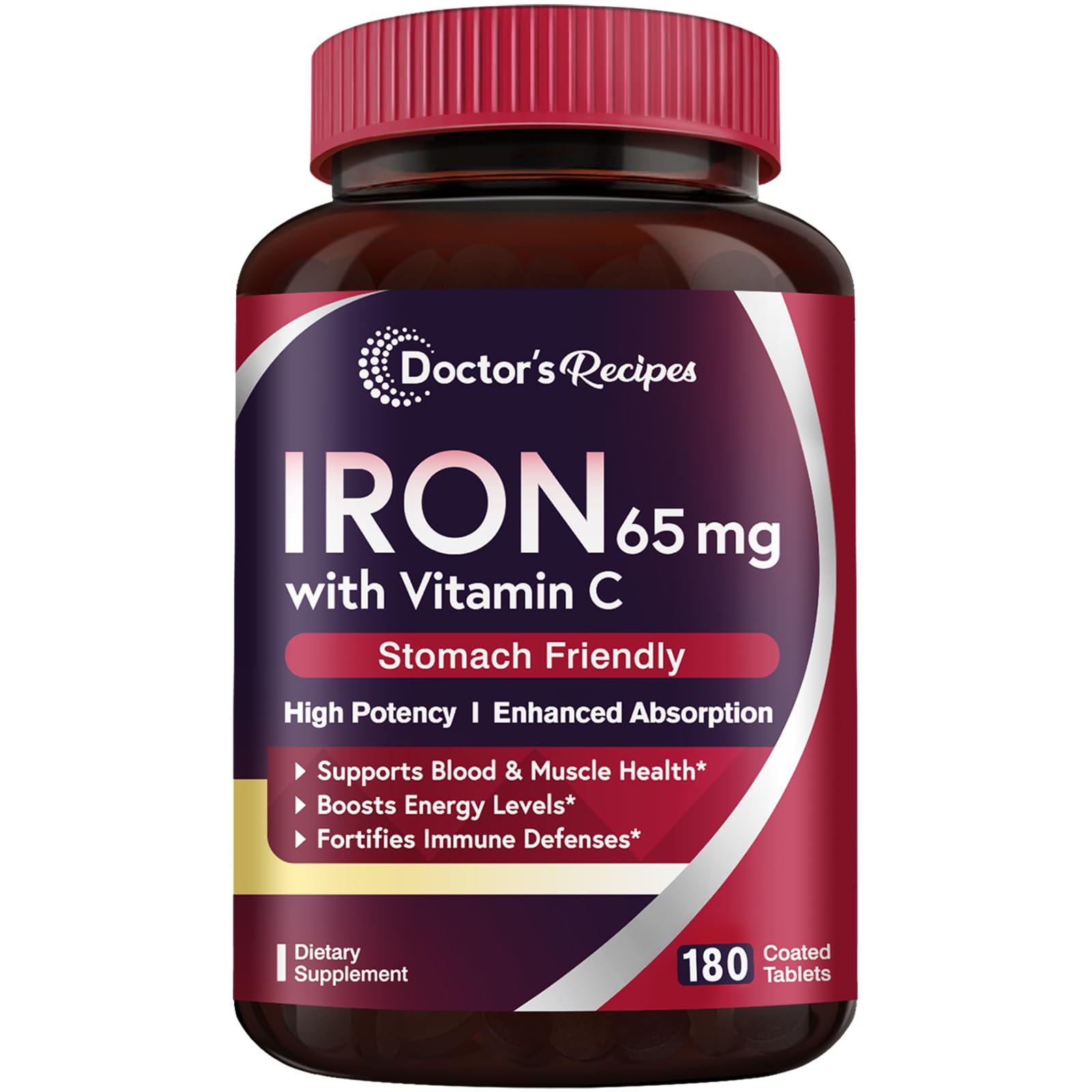 Doctor's Recipes Iron Supplement 65 mg with Vitamin C - Maximized Absorption & Stomach Friendly Iron Pills for Red Blood Cells Formation, Heart, Brain & Immunity Health - Vegan Non-GMO 180 Iron Tabs