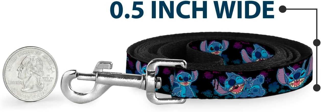 Disney Pet Leash, Dog Leash, Stitch Expressions and Poses Tropical Black Purple Blue Fade, 6 Feet Long 1.5 Inch Wide