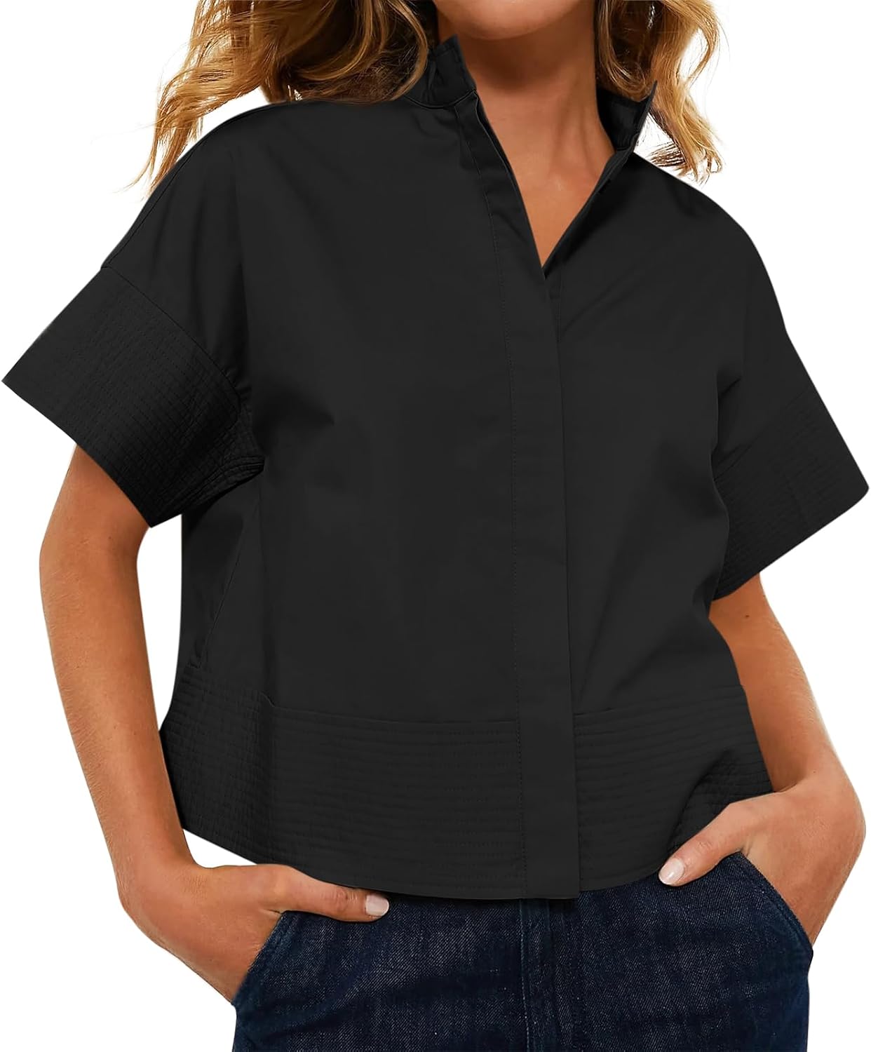 Cicy Bell Womens Cropped Short Sleeve Button Down Shirts Pleated Summer Dressy Casual Blouse Stand Collar Loose Fit Tops