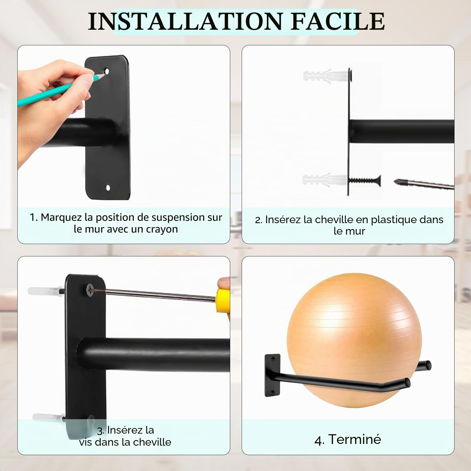 Support mural pour ballons de médecine et tapis de yoga, 2 paires de supports muraux pour ballons d'exercice en métal pour le rangement d'équipements de fitness dans la salle de sport ou le