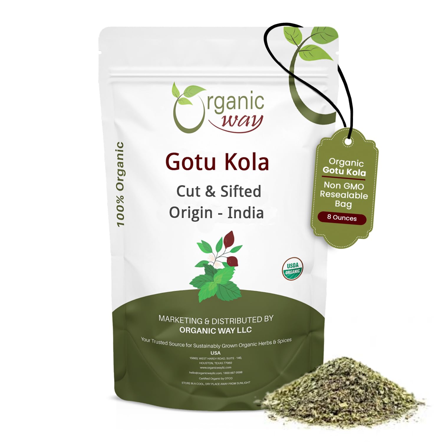 Organic Way Dried Gotu Kola Cut & Sifted (Centella asiatica) - Organic & Kosher Certified | Raw, Vegan, Non GMO & Gluten Free | USDA Certified | Origin - India (1/2LBS / 8Oz)