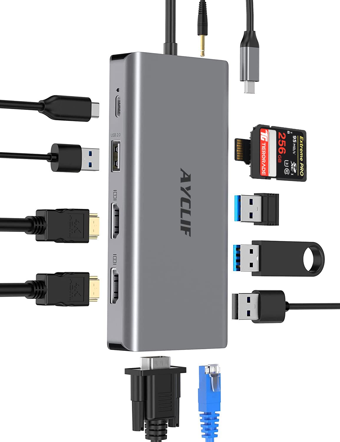12 in 1 Docking Station, AYCLIF USB C Hub Quadruple Display Thunderbolt 4 Dock (4K Dual HDMI,VGA,Ethernet,USB 3.0,PD 3.0,SD/TF Slots,Audio) Laptop Docking Station