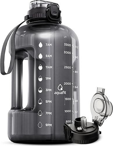 AQUAFIT Botella de agua de 1 galón con popote 2 en 1 y tapa para beber Botella de agua de un galón con marcador de tiempo y asa, jarra de agua de