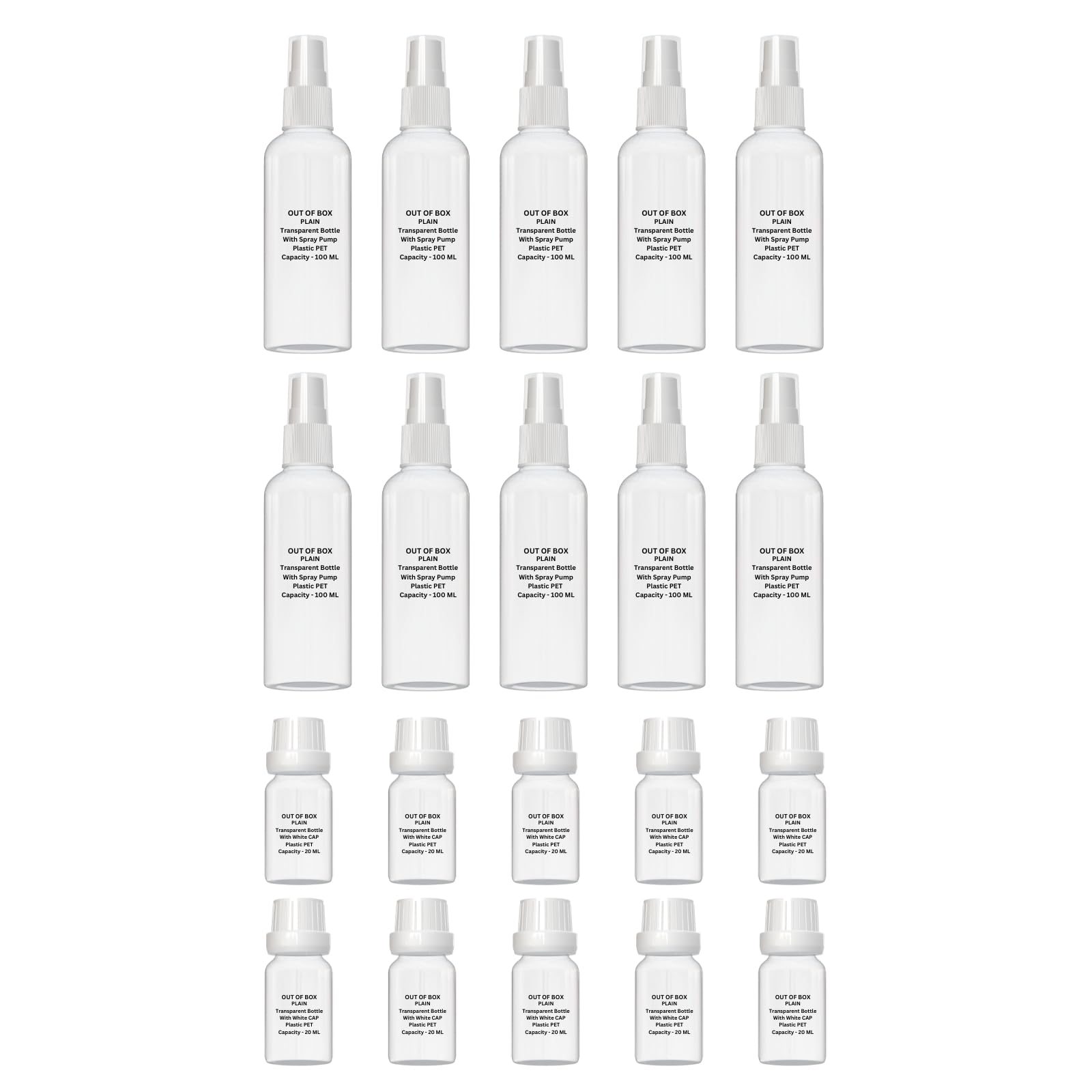 OUT OF BOX Combo Pack 10pcs 100 ML Spray Pump Bottles (Size 6 x 1.5 inches) & 10pcs 20ml White Seal Cap Bottles (Size 2.7 x 1 inches) - Versatile Packaging Set for Various Liquids-image-15