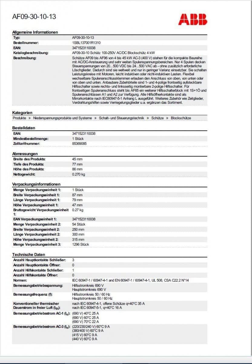 ABB AF09-30-10-13 100-250V, 50/60HZ-DC Contactor (ABB1SBL137001R1310)