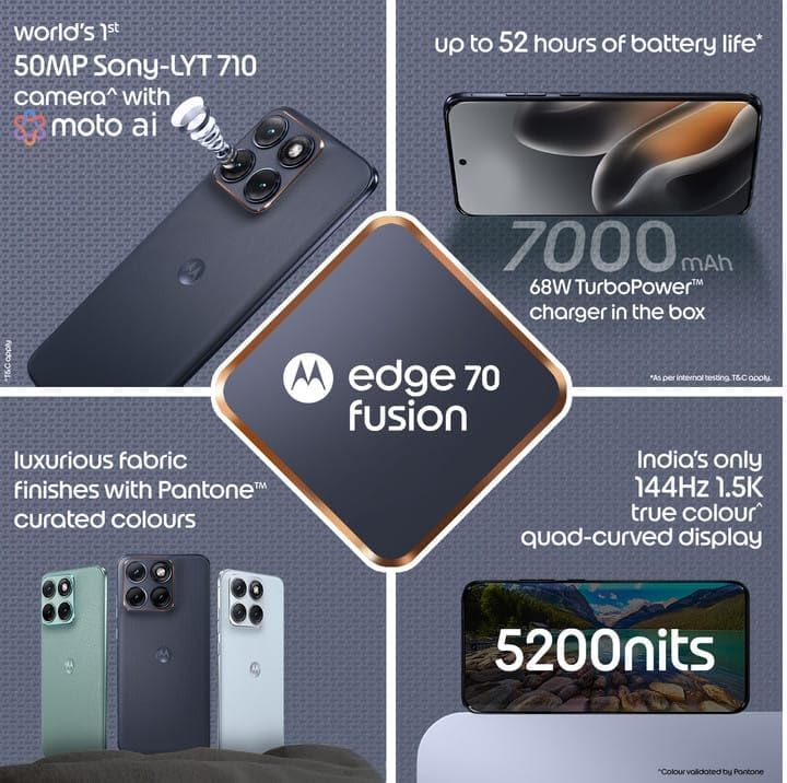 Image of Motorola Edge 70 Fusion 5G (Pantone Silhouette, 12GB RAM, 512GB Storage) | AI Features | 6.78-inch 144Hz AMOLED | Snapdragon 7s Gen 4 | 50MP + 13MP Camera | 32MP Selfie | 7000mAh | 68W TurboPower