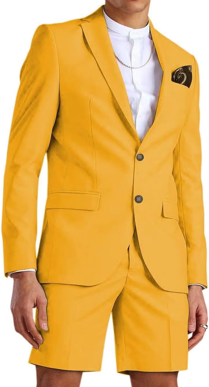 Wangyue Shorts Suits for Men 2 Piece Slim Fit Two Button Men Shorts Suit Set Casual Prom Summer Beach Wedding