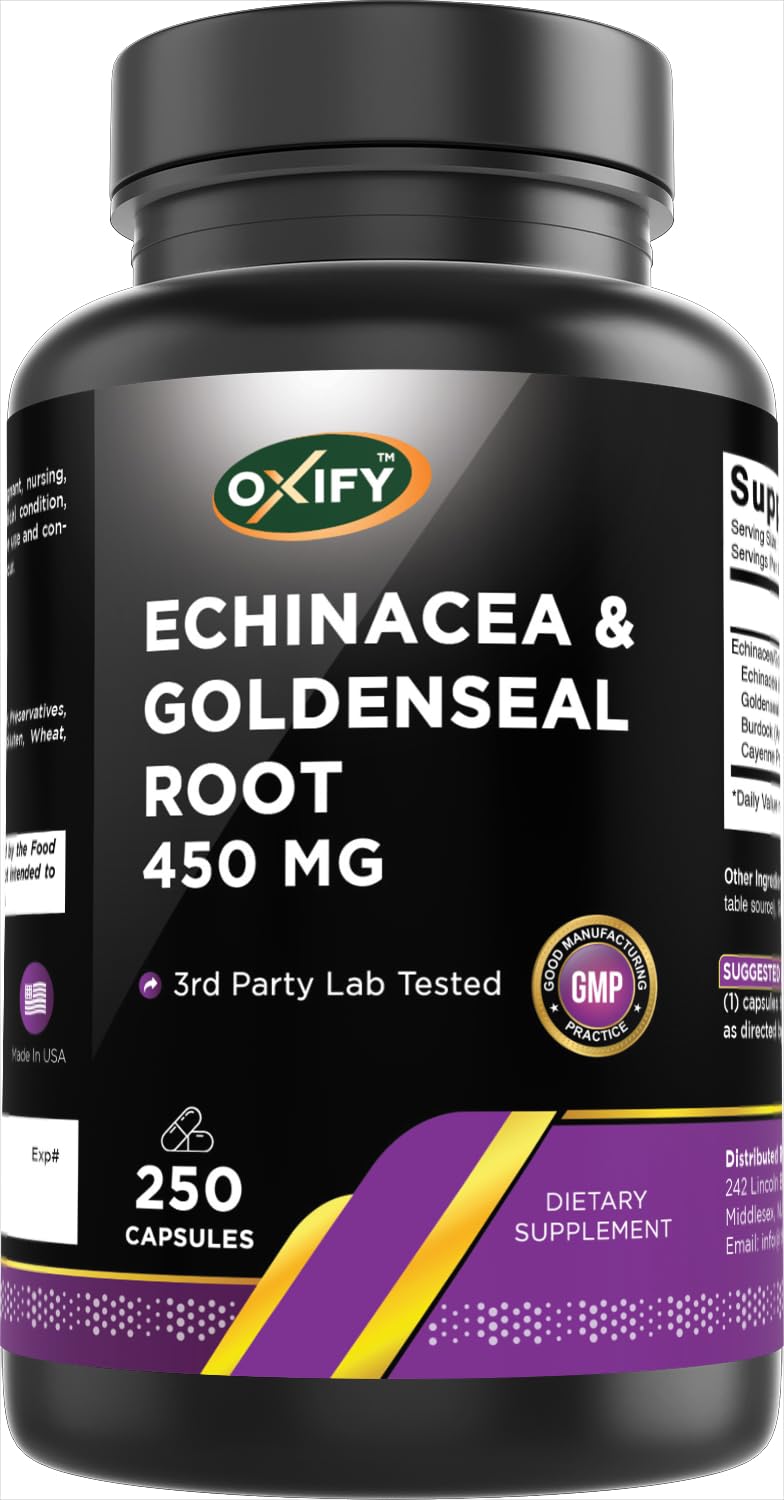 Oxify Echinacea & Goldenseal Root 450 mg | 250 Capsules | Gluten-Free, Non-GMO | Supplement Made in USA