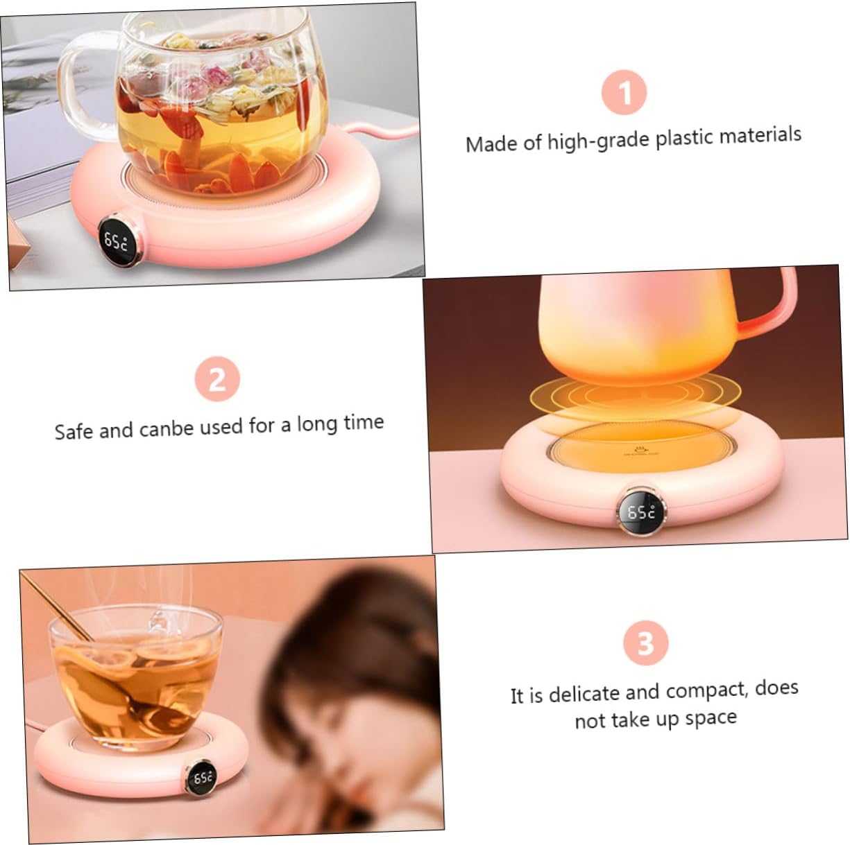 USB Charging Coffee Cup Warmer with Temperature Settings Intelligent Power Saving Anti-Splash Design Smooth Surface Auto Shut-Off Timer for Coffee Tea Milk and Hot Drinks Desk