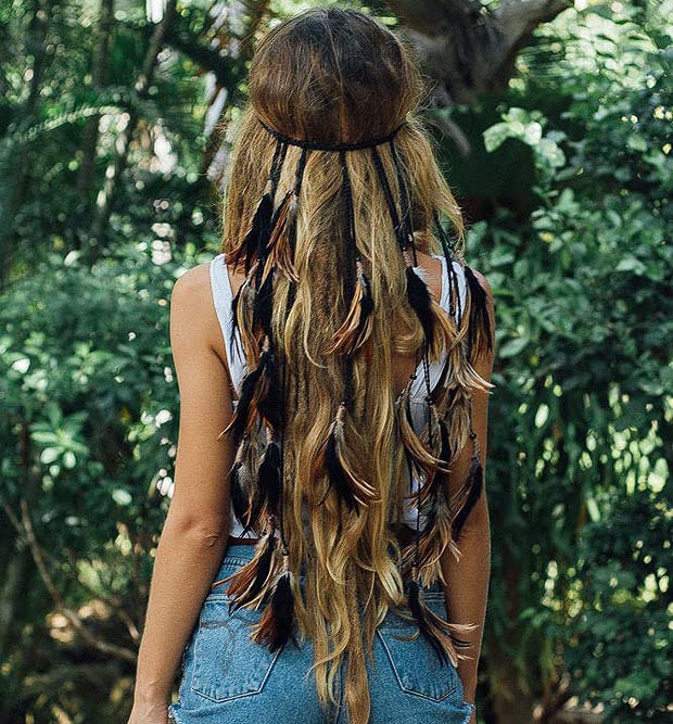 Fashband Diadema de plumas indias, bohemia, borla, hippie, tribal, tocado tribal, accesorio para el cabello para mujeres y niñas (L)