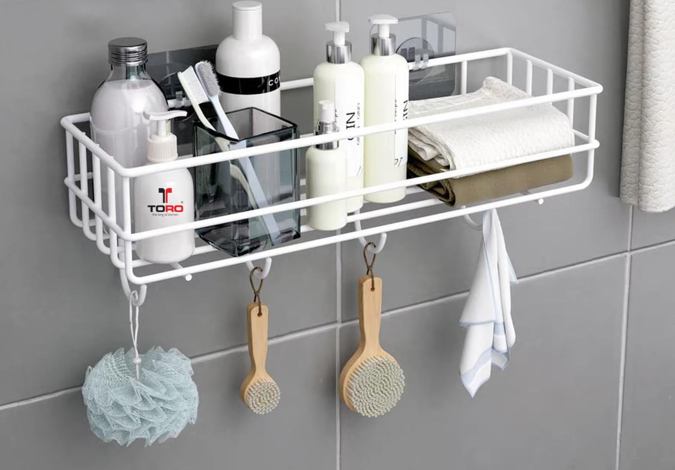 TORO Steel Self-Adhesive Multipurpose Bathroom Shelf with Hooks/Towel Holder/Rack/Bathroom Accessories-Wall Mount (Pack 01, Silver) (PACK 01, White) (B0CRPFS3CZ) Amazon Price History, Amazon Price Tracker