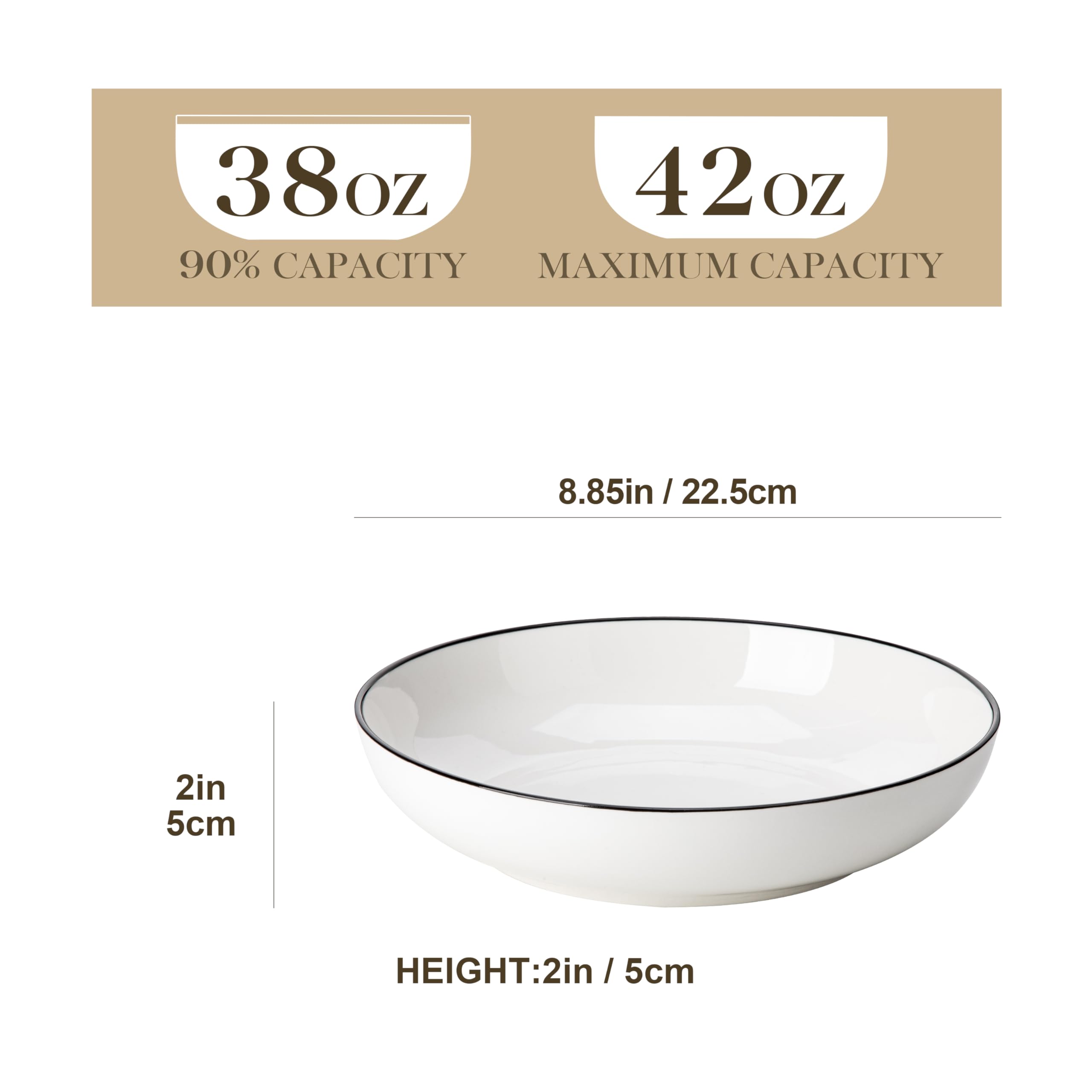 MALACASA Série REGULAR 1250ml Assiettes à Pâtes en Porcelaine, Assiettes Creuses, Service de Bols à Salade 4 Pièces, Blanc avec Bord Noir