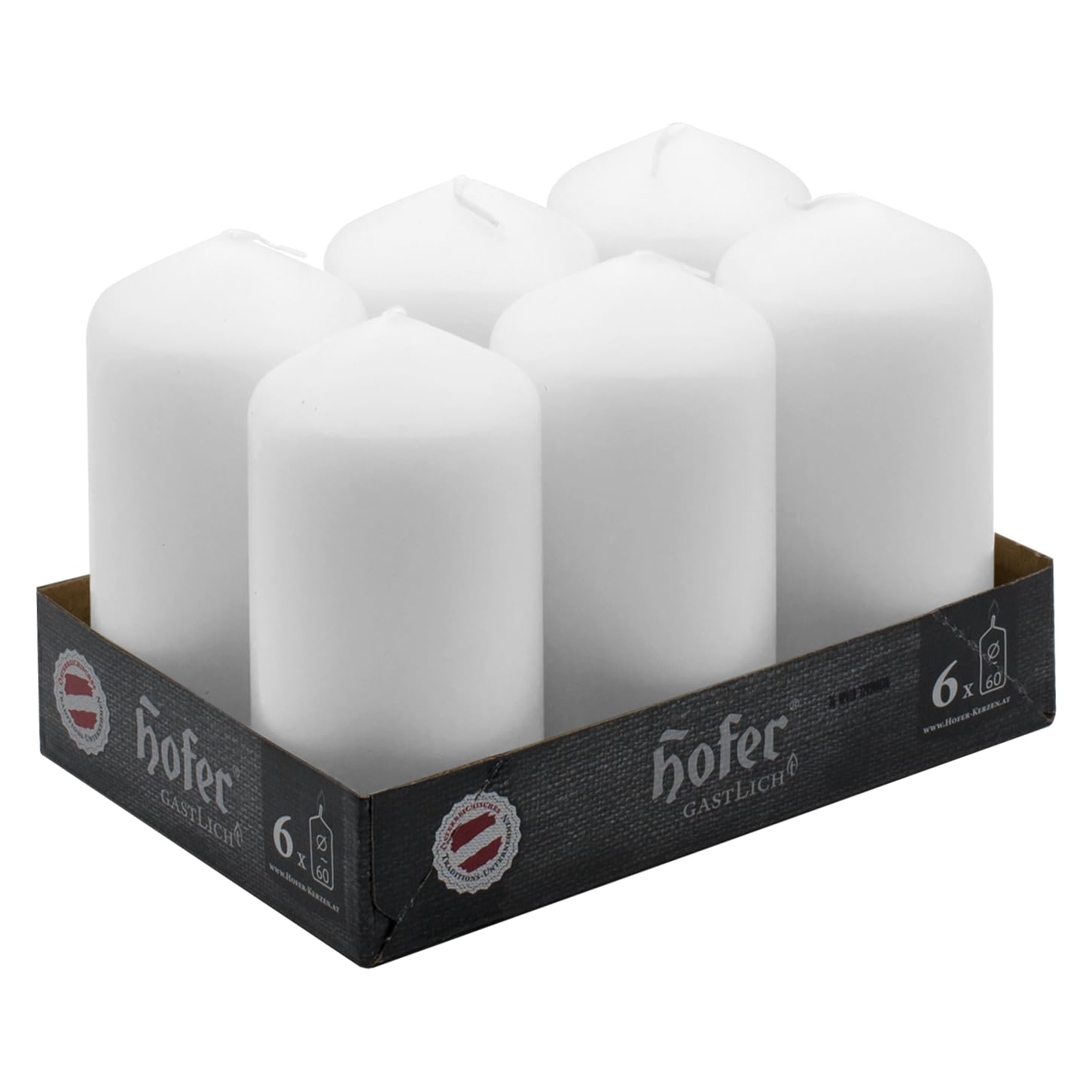 Hofer Unscented Pillar Candles - White - 60 x 120 mm - Set of 6 Decorative Candles - 39 Hours Long Burning Time - Dripless - Smokeless - RAL Quality - Made in Austria