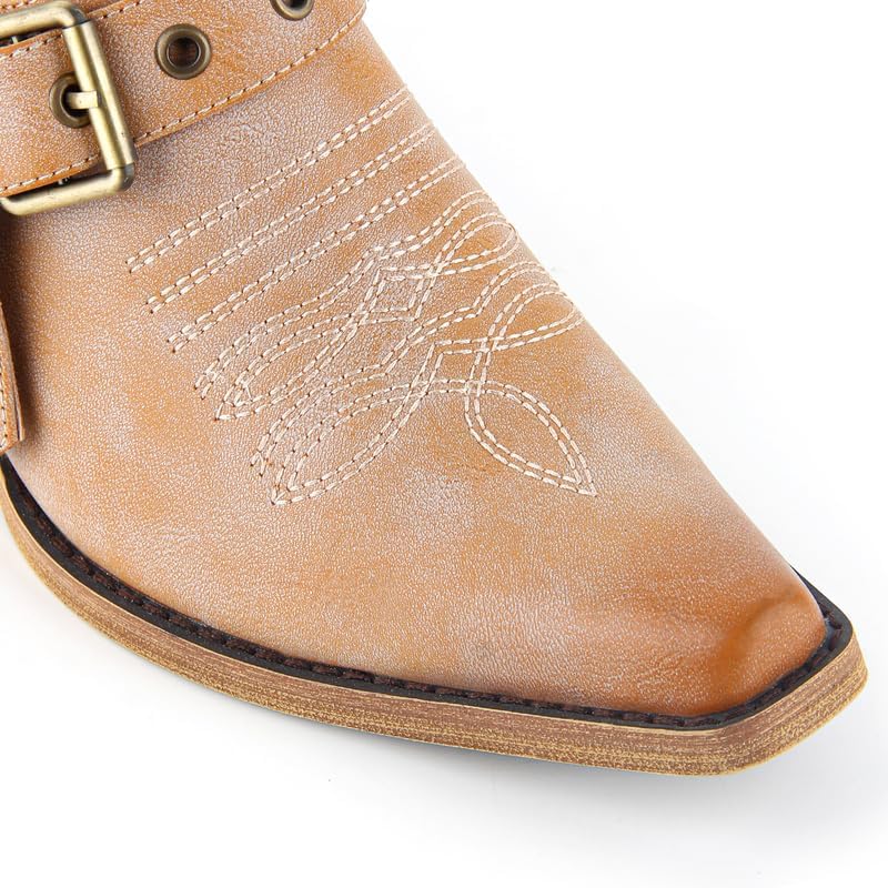 sexytag Women's Western Ankle Boots Distressed Cowboy Booties Pointed Toe Chunky Heel Buckle Strap Studded Cowgirl Boots Slip on Low Heel Fashion Short Booties