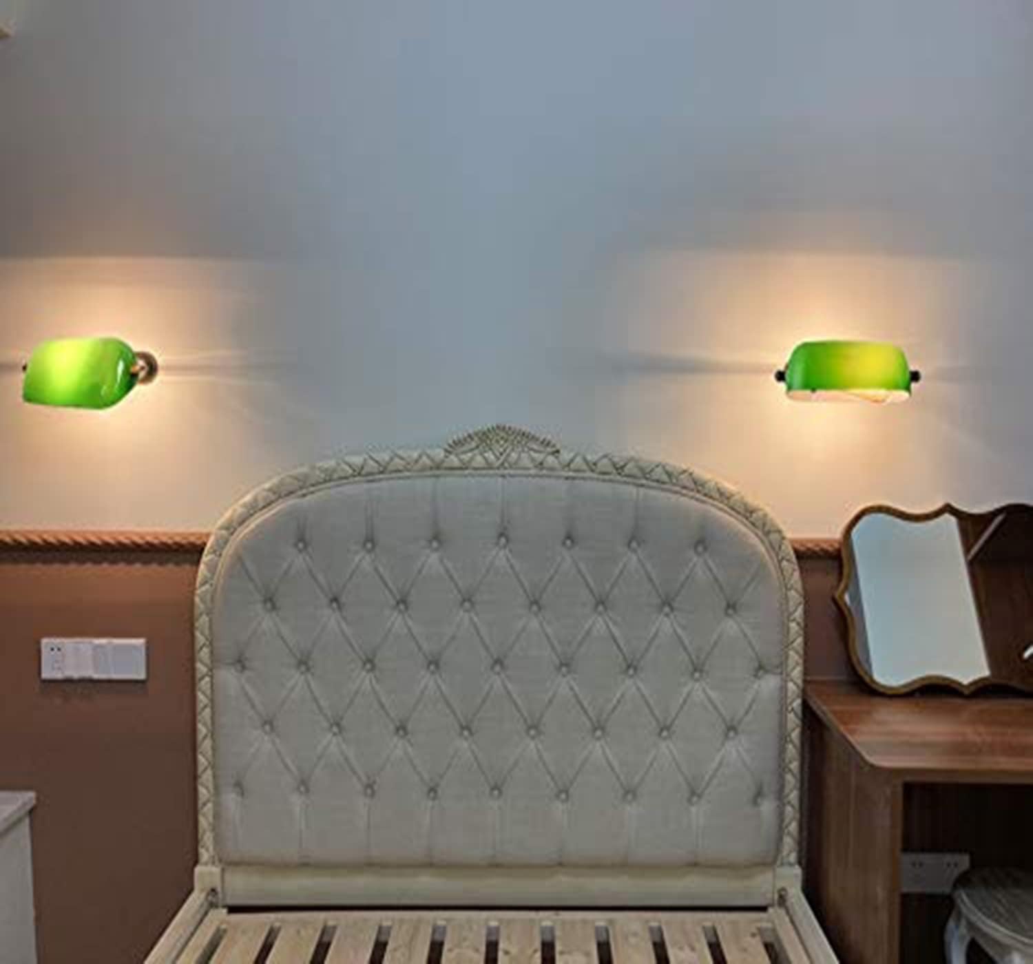 Kiven Wall Sconce Green Glass Bankers Lighting Fixture with Plug-in Cord(6 FT),Dimmable and Timing Wall lamp for Headboard Bedroom Garage Porch Mirror Bathroom-1 Pack