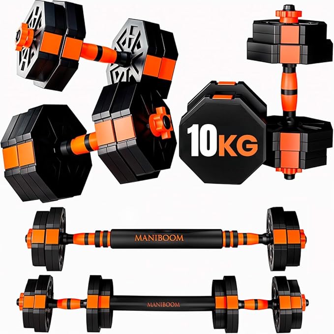 ManiBoom Pesas y Mancuernas Ajustables - Kit de Pesas Ajustables con Barra y Cierre de Seguridad - Equipo de Entrenamiento Progresivo para Toda la Familia