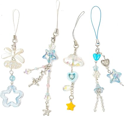 4PCS Blue-phone Charm Y2K Phone Accessories Aesthetic Keychain Star Flower Cloud Starfish Cute Decor String Cellphone Chain Pendant Strap Lanyard Butterfly Crystal Ribbon Bead