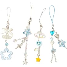 4pcs Blue Phone Charms Y2K Phone Accessories Aesthetic Keychain Star Flower Cloud Starfish Cute Decorative String Cell Phone Chain Pendant Strap Butterfly Crystal Ribbon Beads, Normal