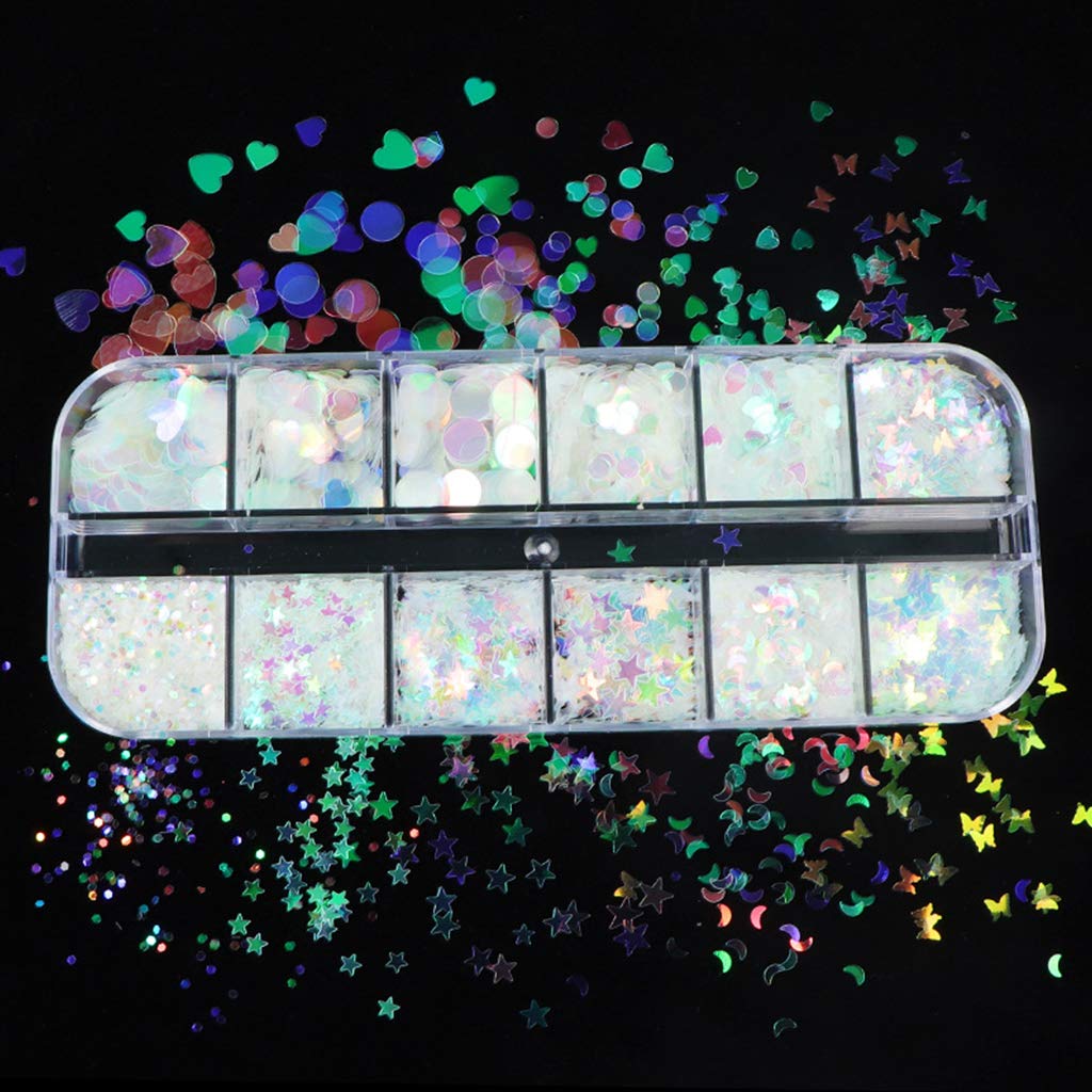 Newwyt 12 Grids/Box Stars Shape Fluorescent Sequins Holographic Glitter Flakes Glow in the Dark DIY Resin Mold Epoxy Filling 12# PE