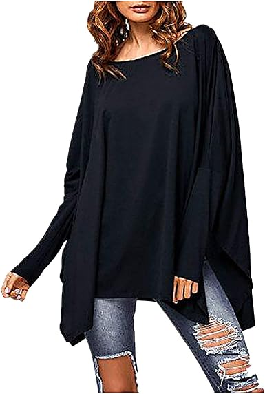 Amazon.com: Camisa de murciélago de color sólido para mujer, manga larga,  cuello redondo, talla grande, camiseta irregular, Negro, XL : Ropa, Zapatos  y Joyería