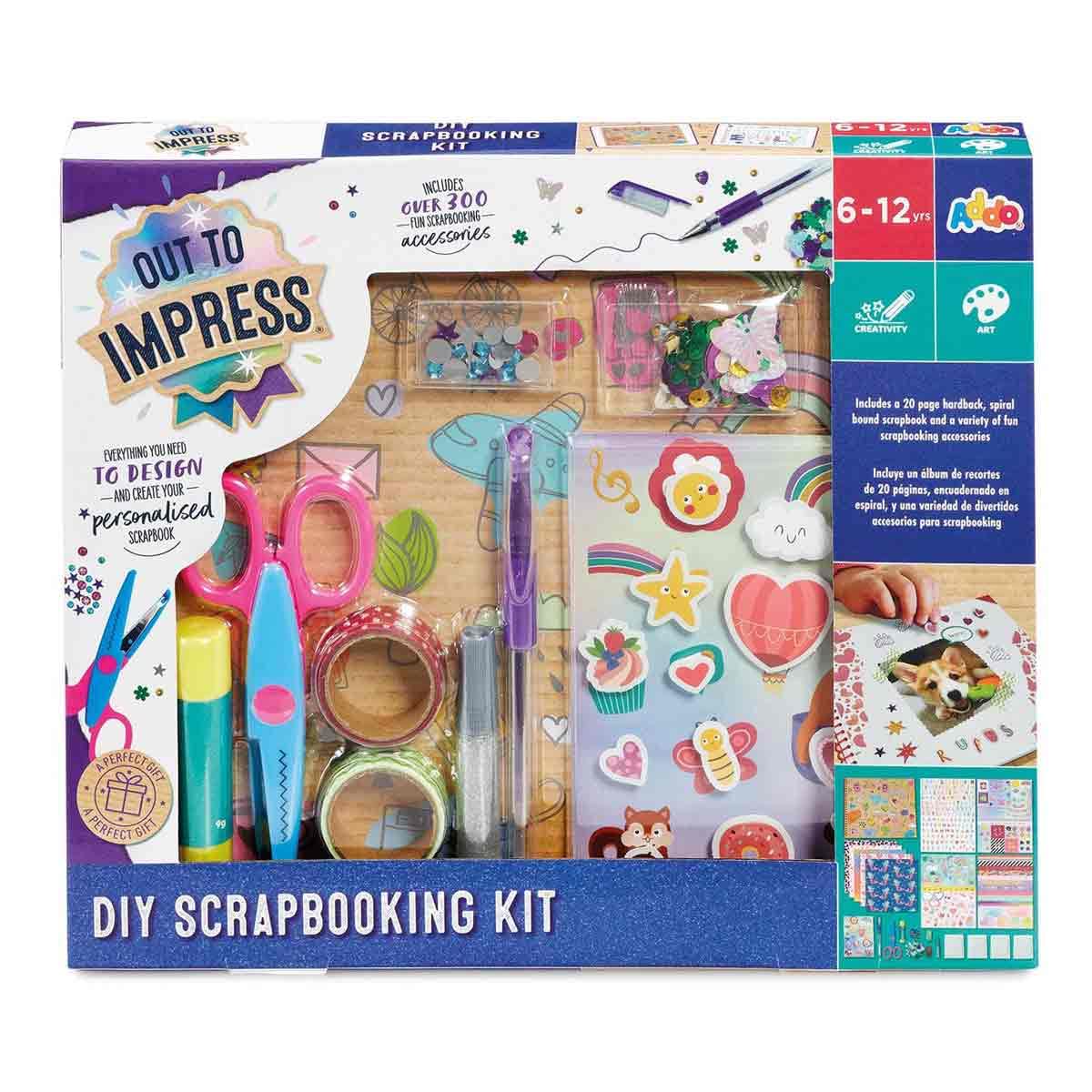 OUT TO IMPRESS DIY Scrapbooking Kit Craft Set for Children from 6 Years Arts and Crafts for Kids Childrens Scrapbook Creative Play for Kids Early Learning Kids Creation Scissors Glue Gift