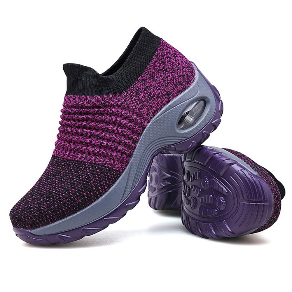 Ablanczoom Womens Walking Shoes Sock Sneakers Comfortable Mesh Wedges Platform Shoe Slip On Air Cushion Running Tennis Shoes Purple