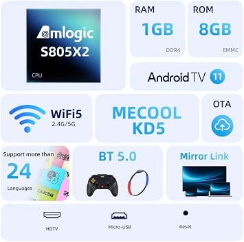 MECOOL KD5 Android 11 TV Stick with 4K Streaming, WiFi 5 Dual Band, Bluetooth 5.0, 1GB RAM 8GB ROM, Media Receiver Stick with Voice Remote