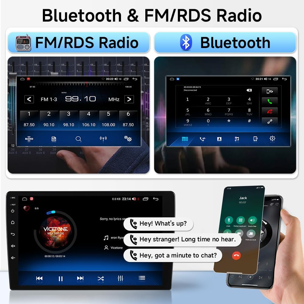 Screenshots of the FM/RDS radio interface and Bluetooth phone call screen on the car stereo.