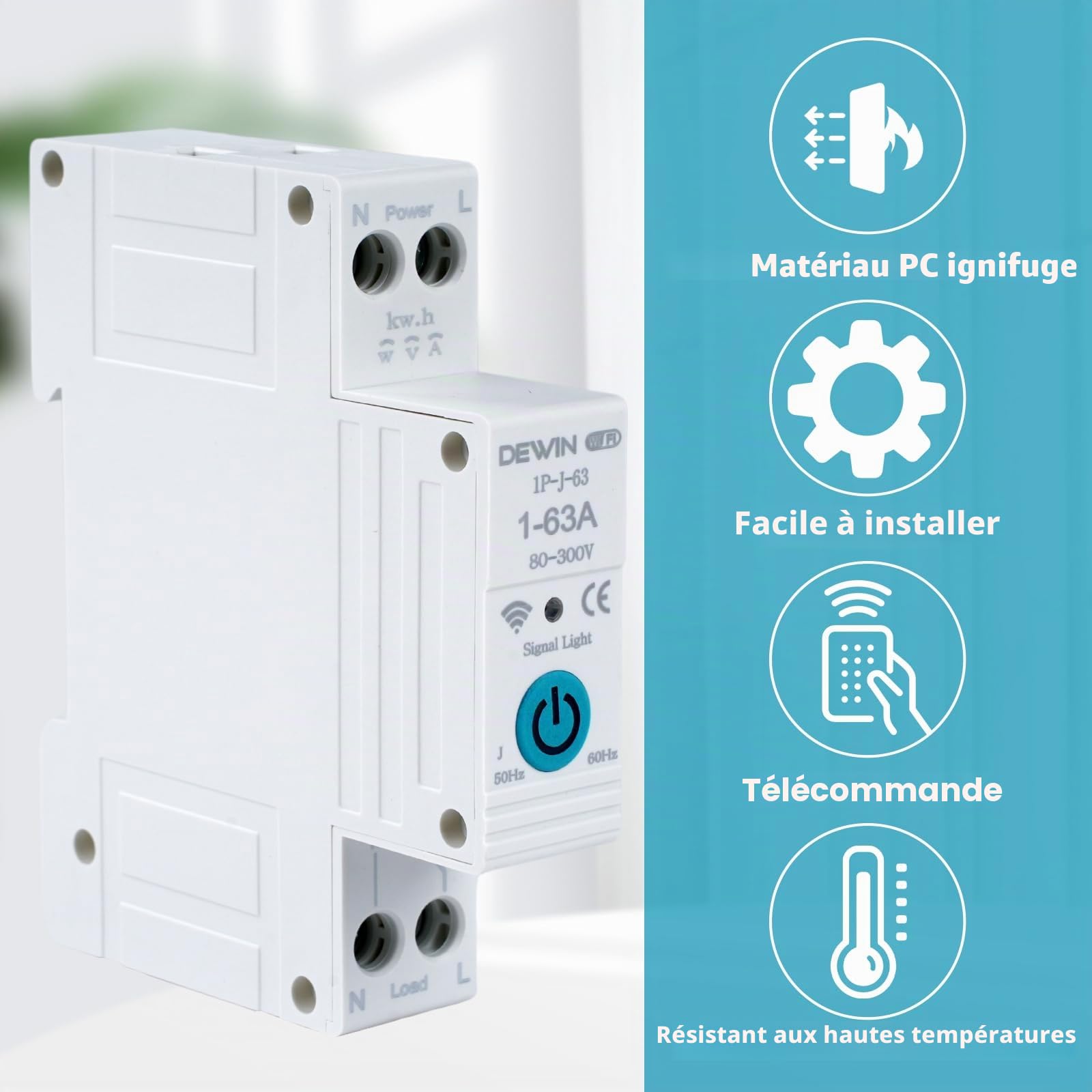 Disjoncteur connecté Tuya smart APP disjoncteur wifi Disjoncteur Intelligent compteur electrique connecté 63A contacteur wifi Charge Overcurrent Protection interrupteur à air 1P-J-63