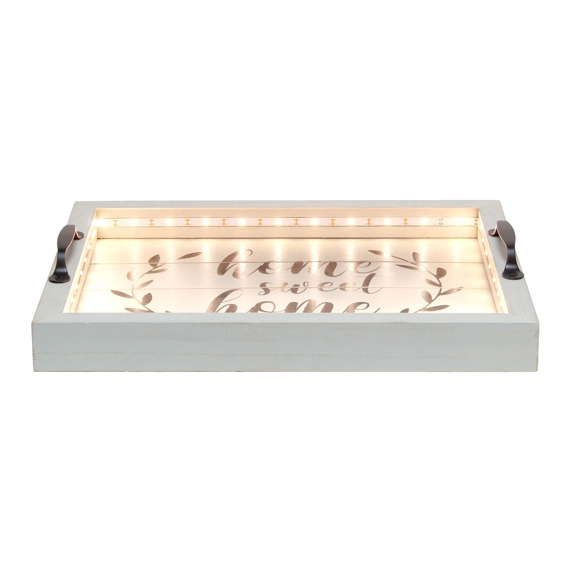 Elegant Designs HG2032-GHH Salento dom wiejski prostokątna dekoracyjna podświetlana LED drewniana taca do serwowania z metalowymi uchwytami i domem słodki dom w kolorze czarnym do dekoracji,