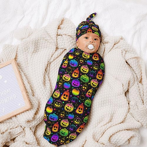 Image of Neon Pumpkin Newborn Swaddle Blanket with Hat Sets Newborn Receiving Blanket for Boy Girl Swaddle Sack Shower Infant Gift