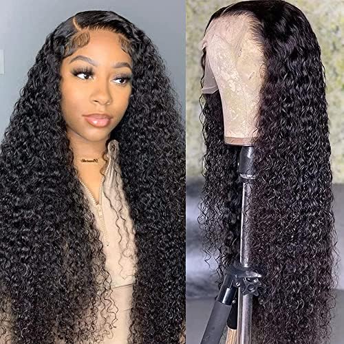 Brazilian Deep Curly Wave HD Transparent Lace Front Wigs Wet Wavy Human Hair 13x4 Ear To Ear Lace Frontal Wigs For Black Women With Baby Hair Pre Plucked Unprocessed Virgin Hair Natural Black 26inch