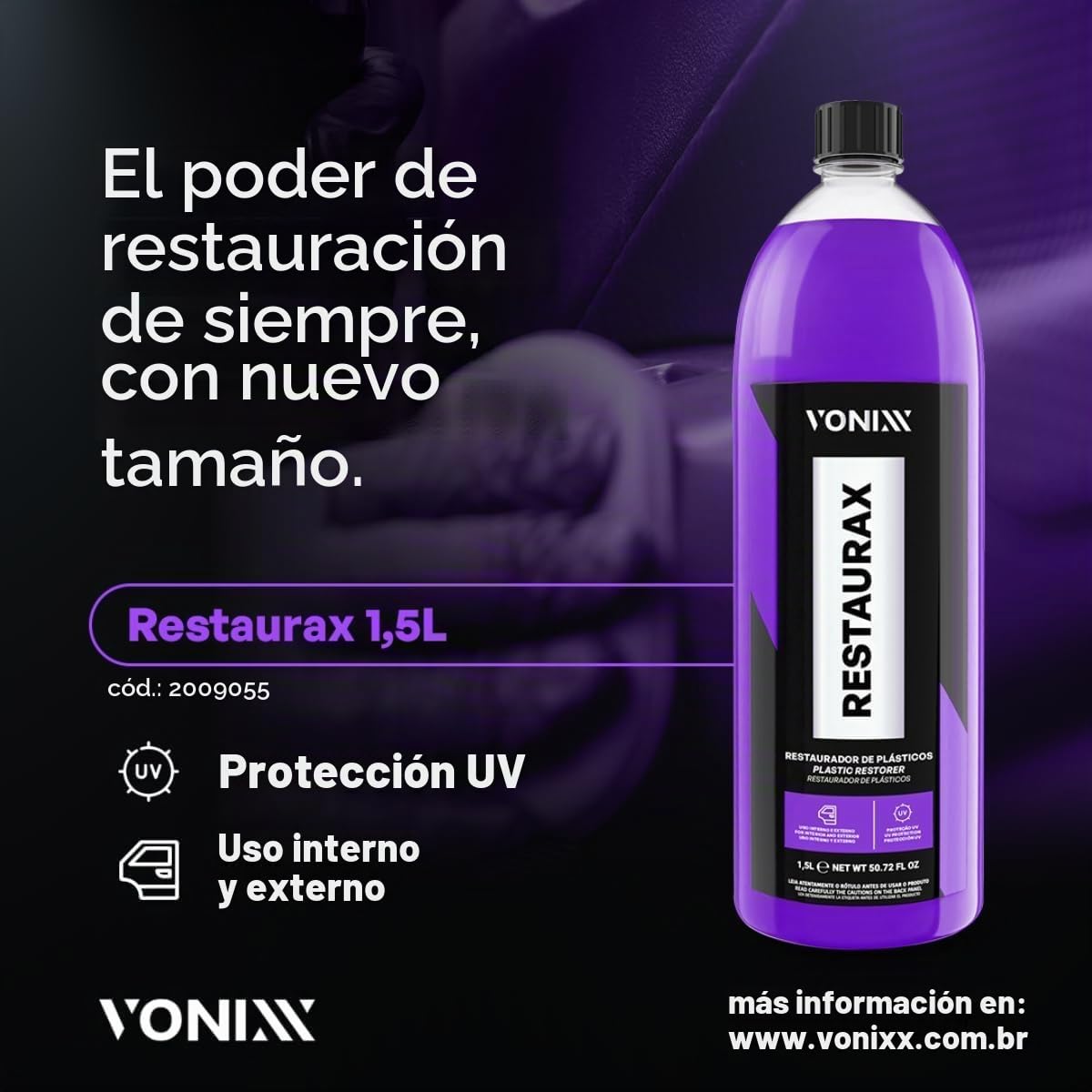 RESTAURAX1.5l Renueva y restaura plasticos, Proteccion contra las acciones del tiempo, Proteccion UV, Ideal plasticos externos, Protege las piezas de la decoloración y el envejecimiento prematuro